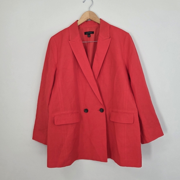 Ann Taylor Relaxed Double Breasted Long Blazer Linen Blend Tomato Red Size 14 - Picture 2 of 7